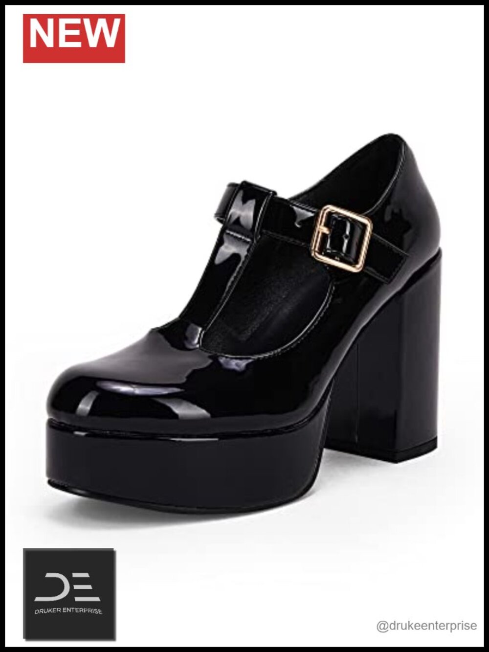 T-Strap Round Toe Chunky Platform Heels Patent Mary Jane Dress Shoes
